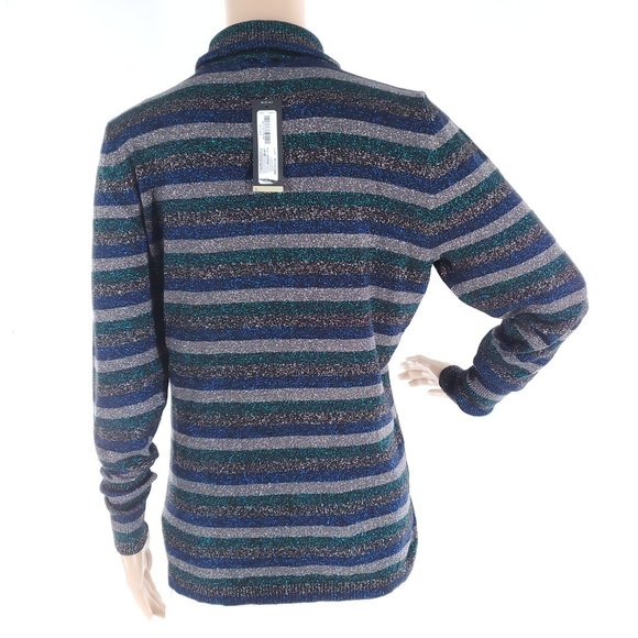 Worthington Women Sweater Turtleneck Striped Metallic Blue Lurex Size L - NWT - Picture 5 of 8